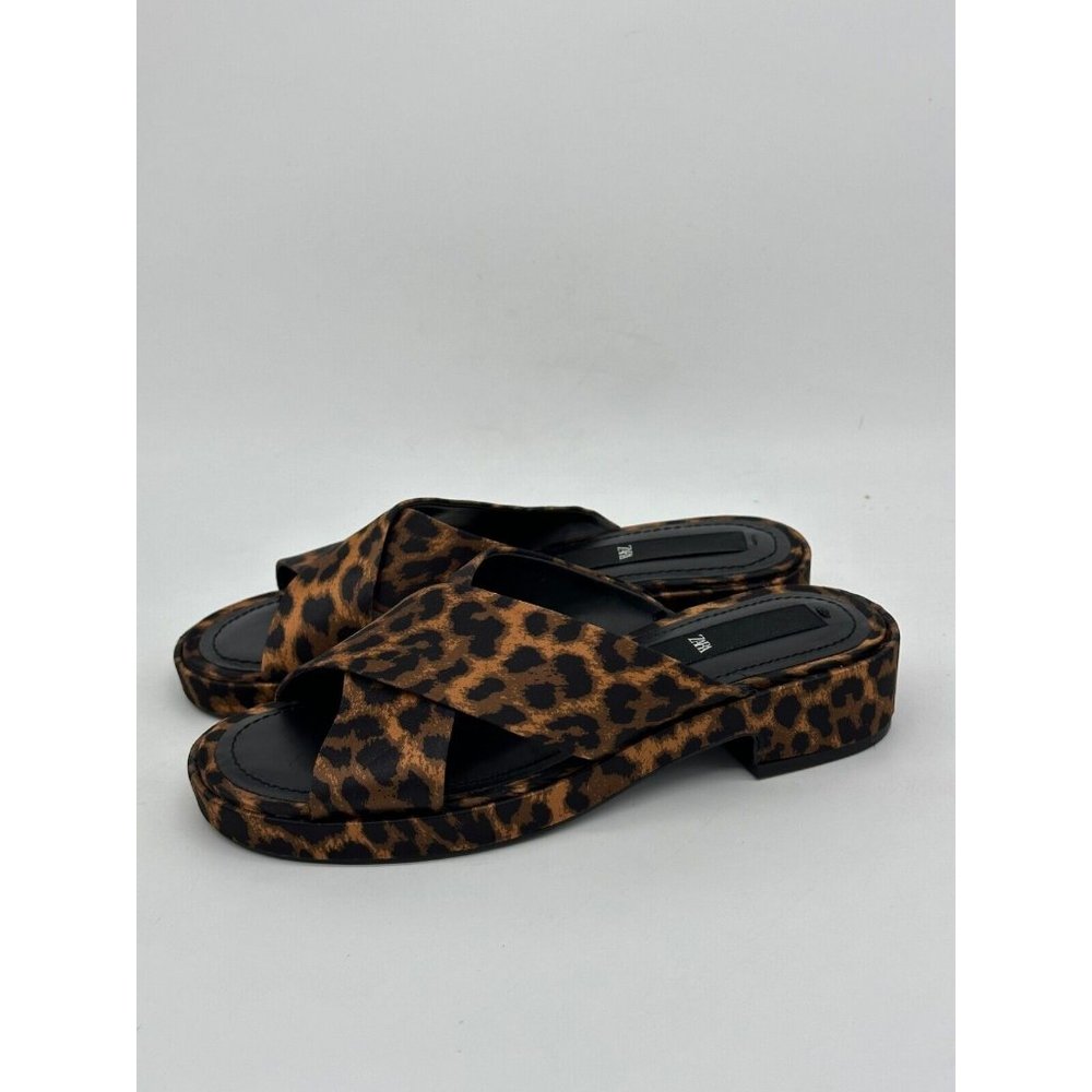 Zara Satin Animal Printed Slides Sandals Women 36 US 6 Brown Leopard Cross Strap